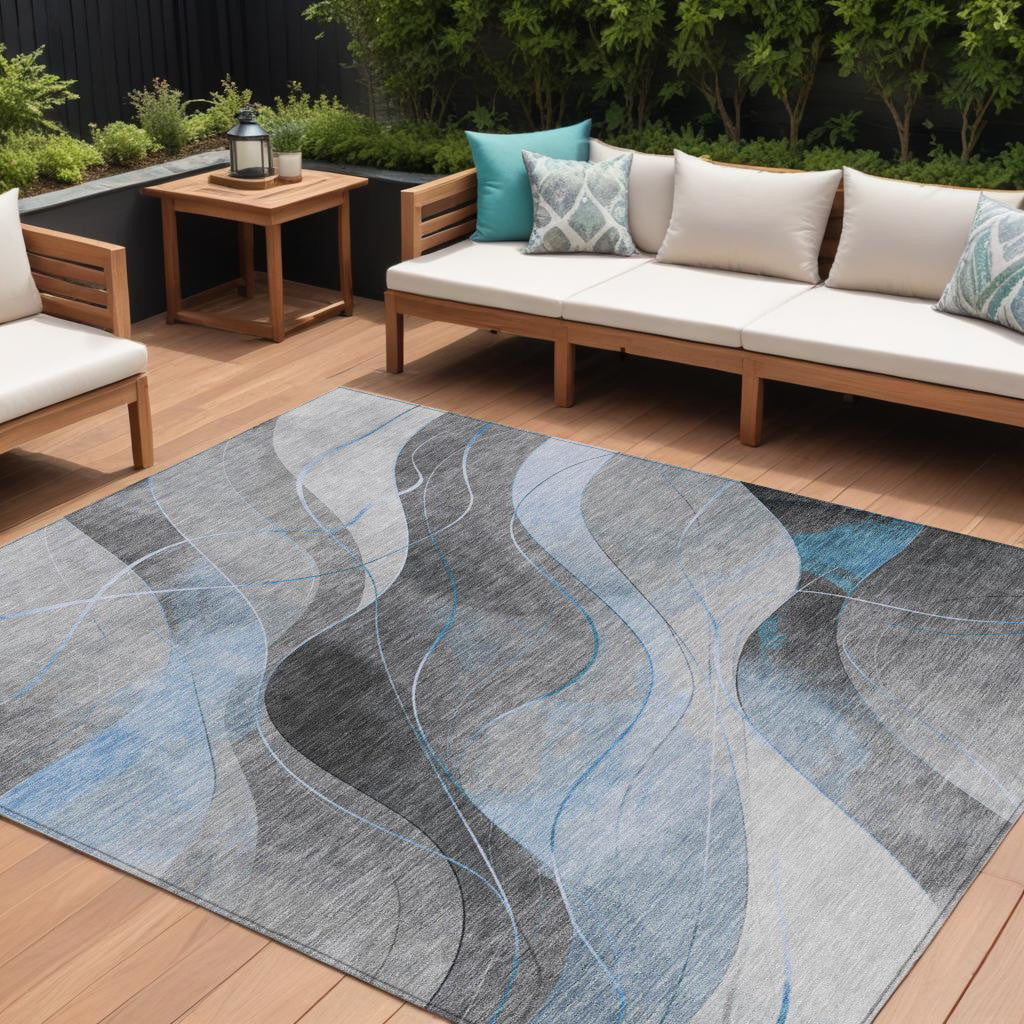 10 X 14 Sky Blue Gray And Silver Abstract Washable Indoor Outdoor Area Rug