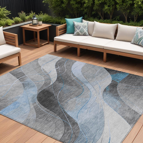 10 X 14 Sky Blue Gray And Silver Abstract Washable Indoor Outdoor Area Rug