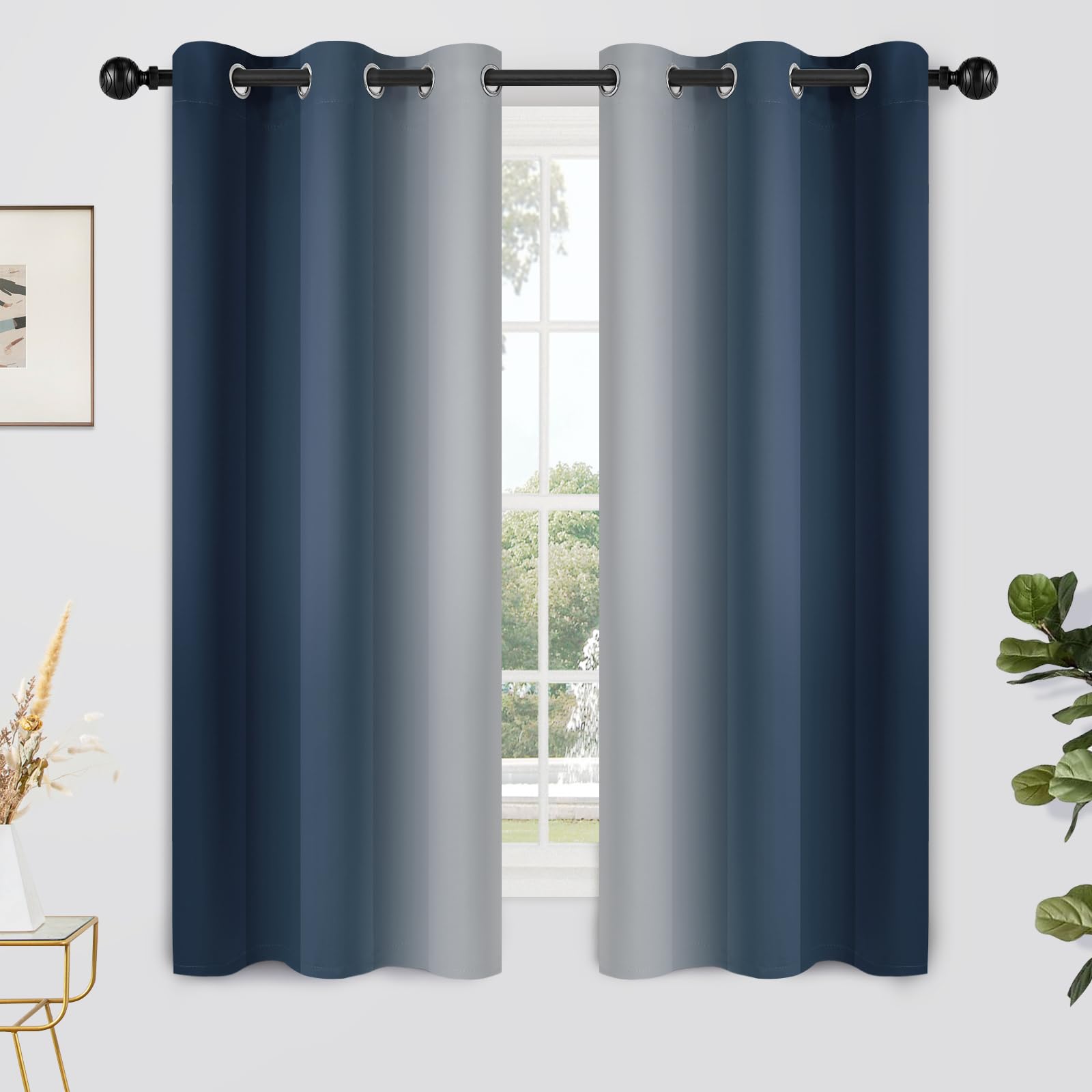 Yakamok Room Darkening Ombre Curtains 63 Inch Length, Navy Blue And Greyish White Thermal Insulated Gradient Color Curtains,Ligh