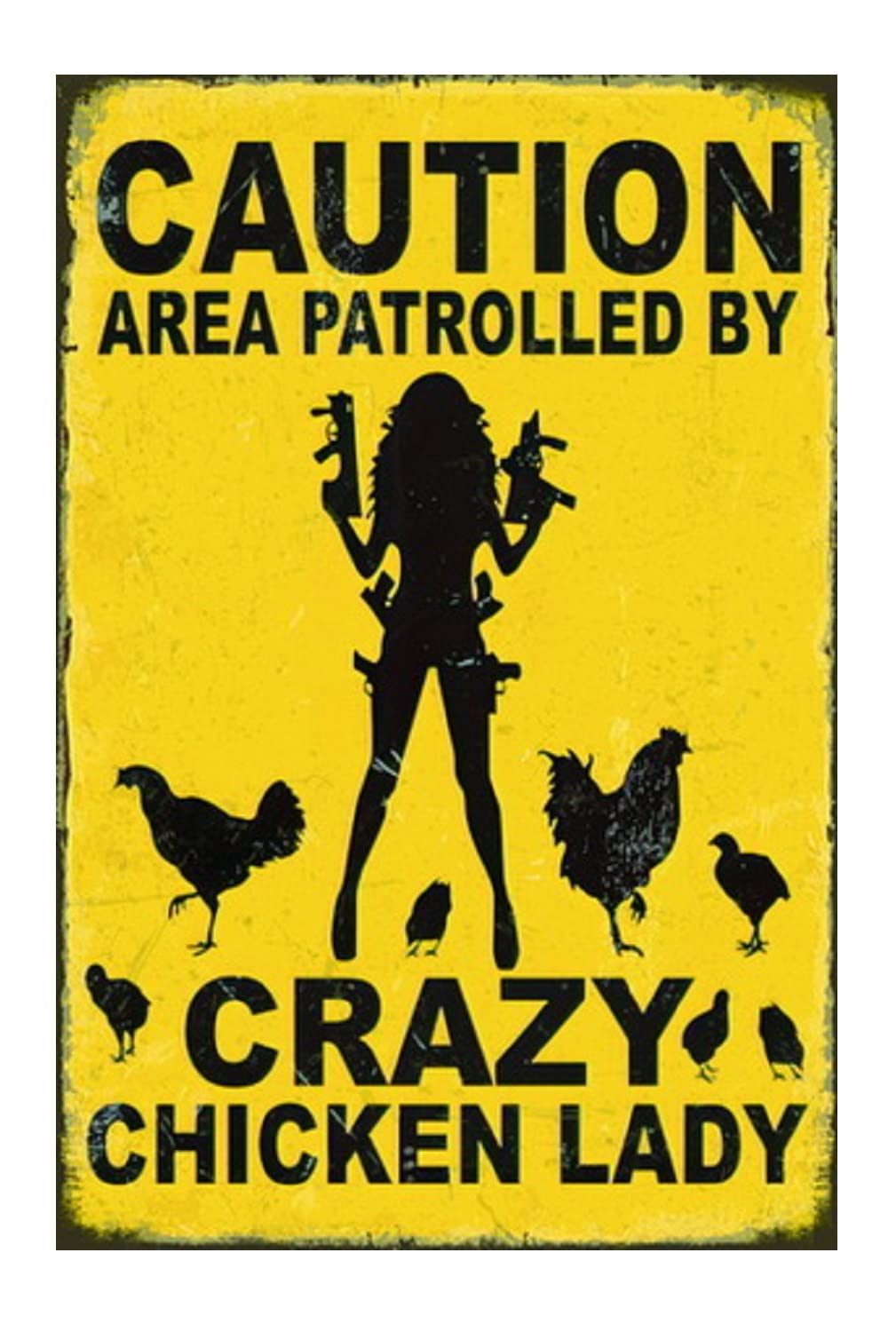 Funny No Trespassing Sign, Metal Warning Tin Signs, Caution Area Patrolled By Crazy Chicken Lady, Yard Sign Garage Farm Garden W