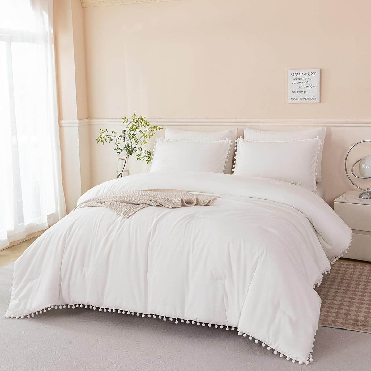 Perfemet Ivory Bed In A Bag Queen Size 5 Pieces Pom Pom Boho Bed Set For Girls Women Soft All Season Fluffy Solid Bedding Comfor