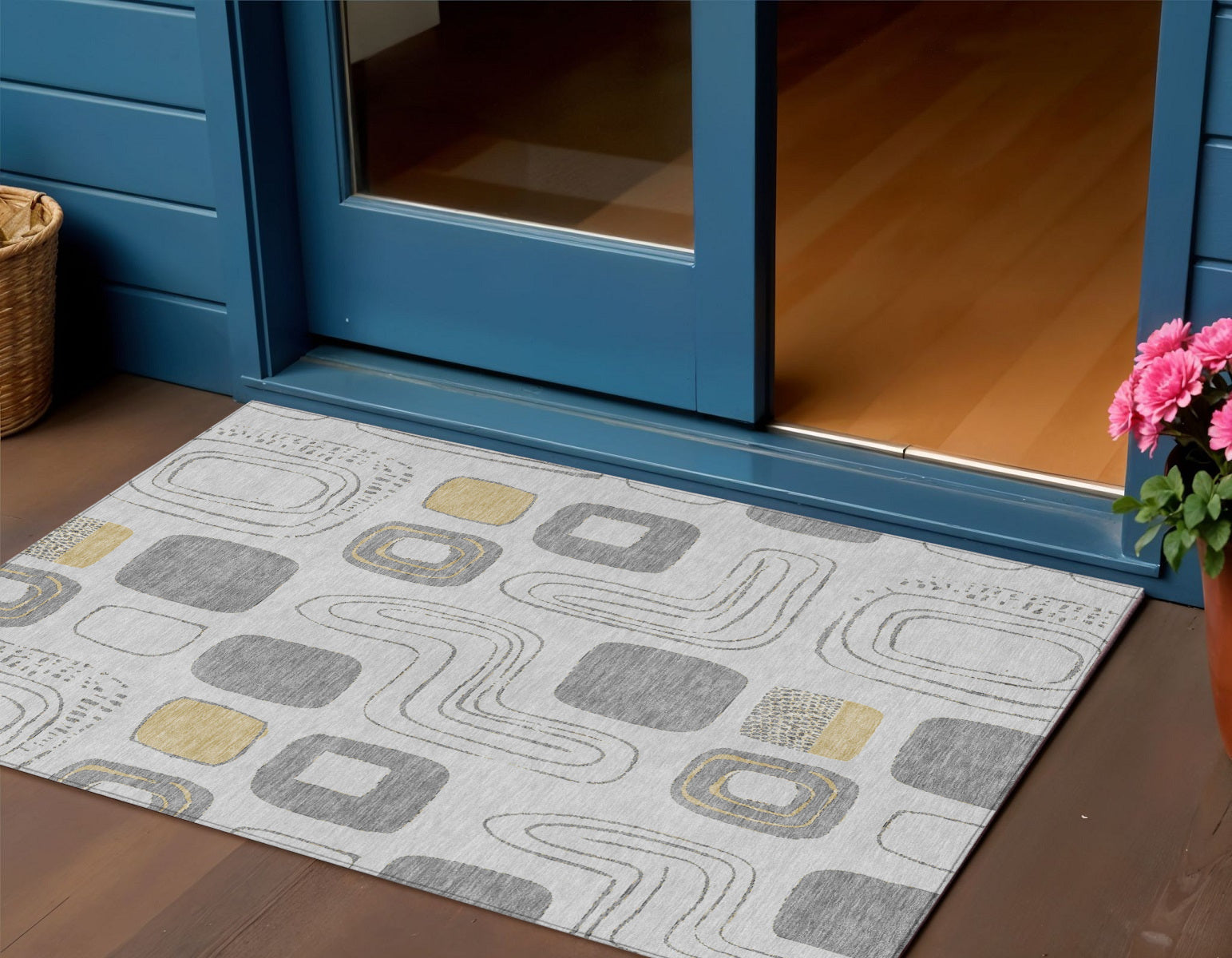 3 X 5 Gray Silver And Gold Geometric Washable Indoor Outdoor Area Rug