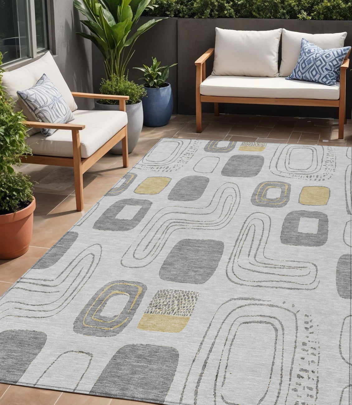 5 X 8 Gray Silver And Gold Geometric Washable Indoor Outdoor Area Rug