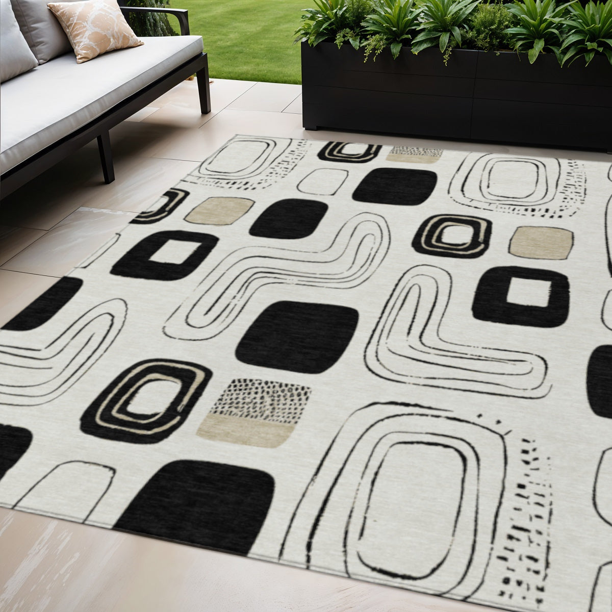 5 X 8 Ivory Black And Beige Geometric Washable Indoor Outdoor Area Rug