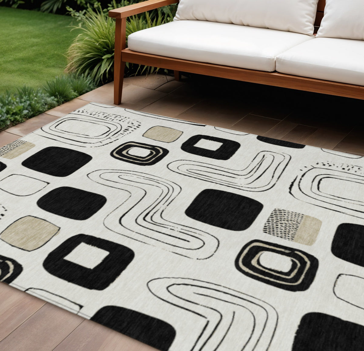 9 X 12 Ivory Black And Beige Geometric Washable Indoor Outdoor Area Rug