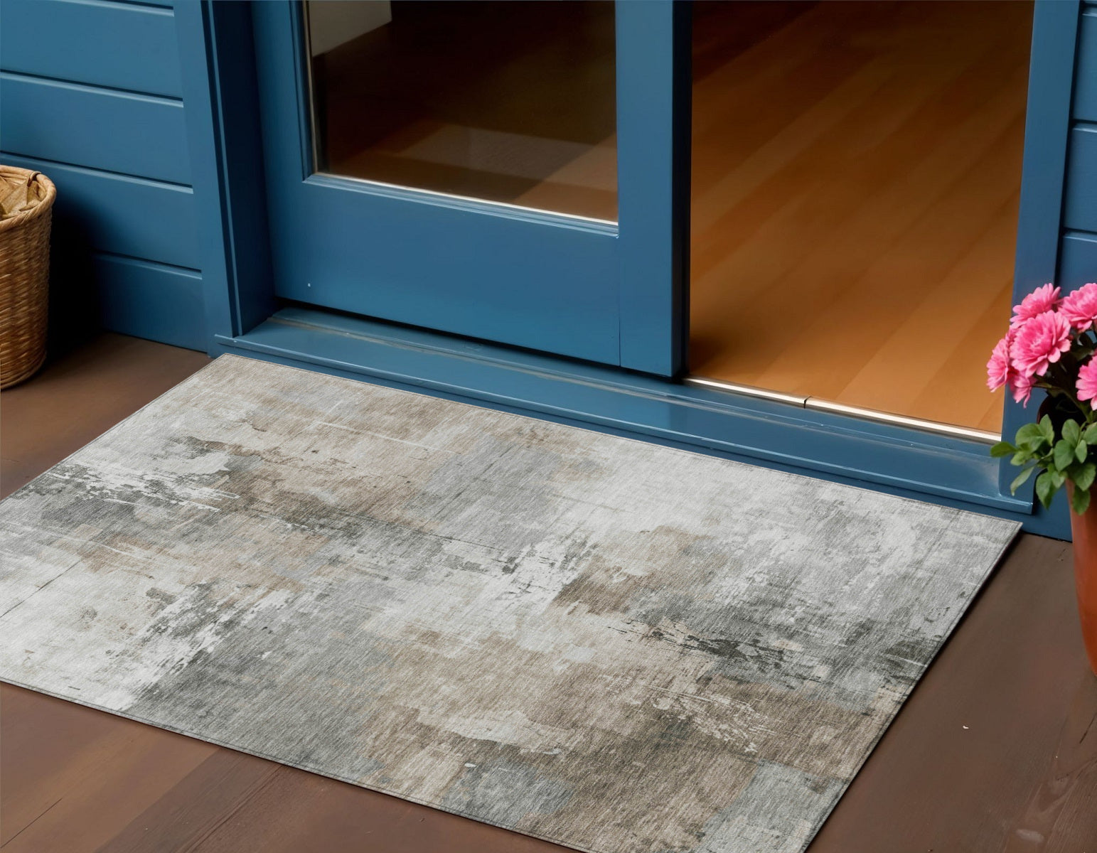 3 X 5 Ivory Gray And Khaki Abstract Washable Indoor Outdoor Area Rug