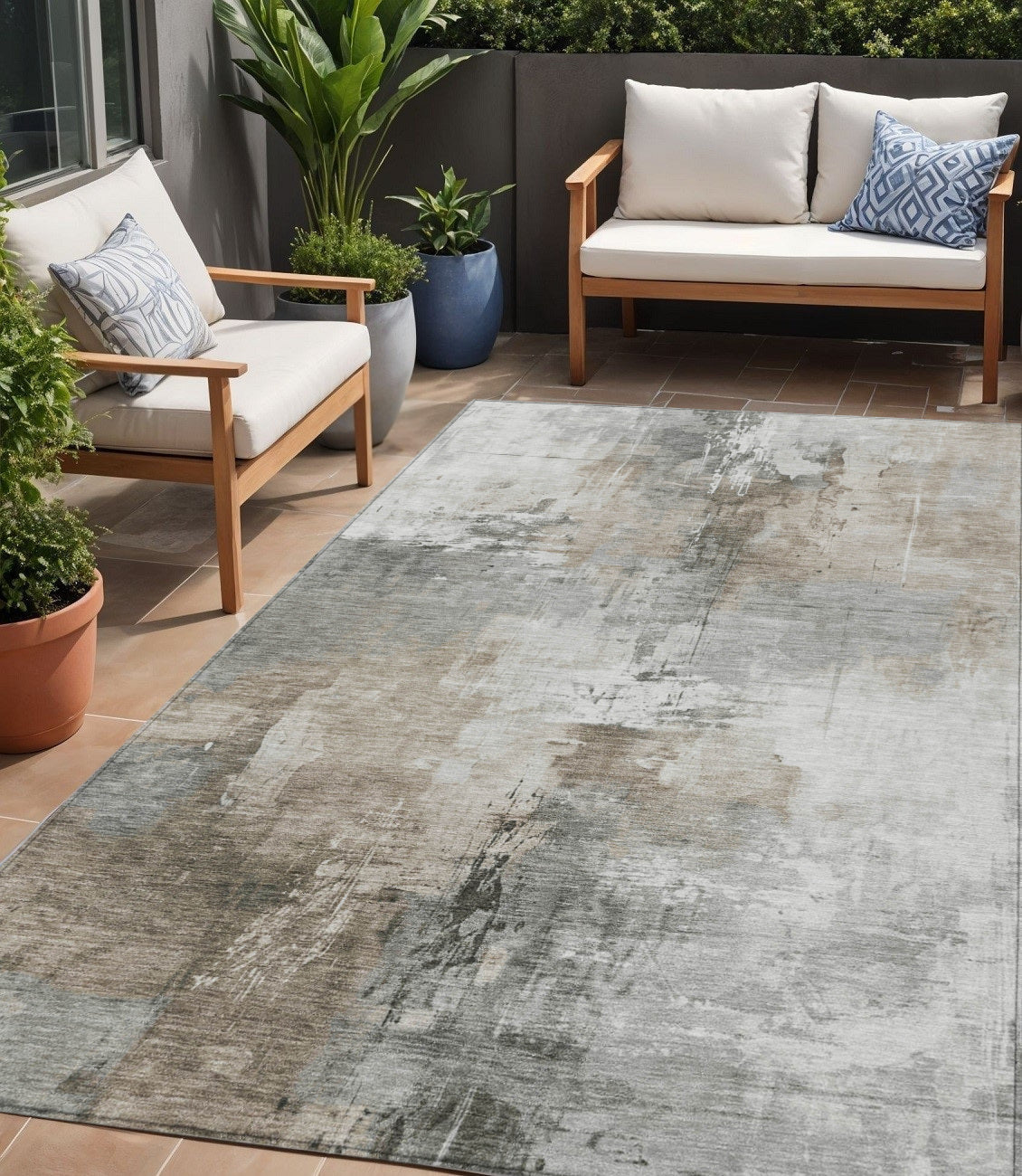 5 X 8 Ivory Gray And Khaki Abstract Washable Indoor Outdoor Area Rug