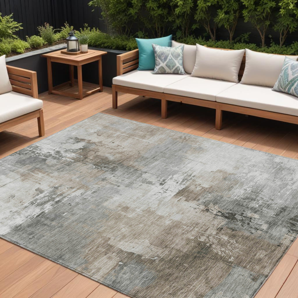 8 X 10 Ivory Gray And Khaki Abstract Washable Indoor Outdoor Area Rug