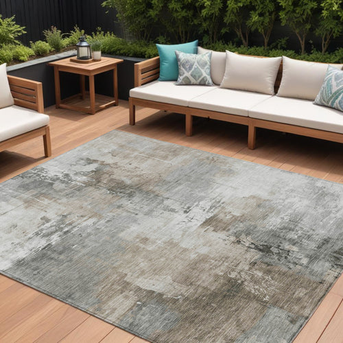 10 X 14 Ivory Gray And Khaki Abstract Washable Indoor Outdoor Area Rug