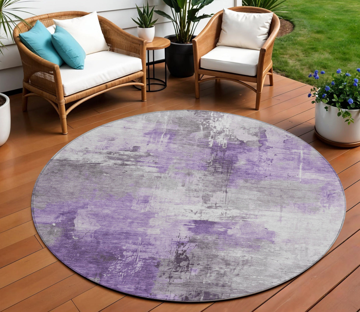 8 Purple Eggplant And Ivory Round Abstract Washable Indoor Outdoor Area Rug