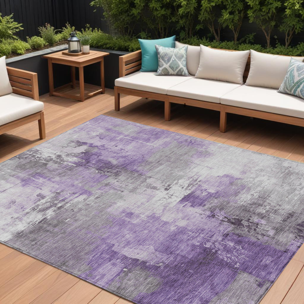 10 X 14 Purple Eggplant And Ivory Abstract Washable Indoor Outdoor Area Rug