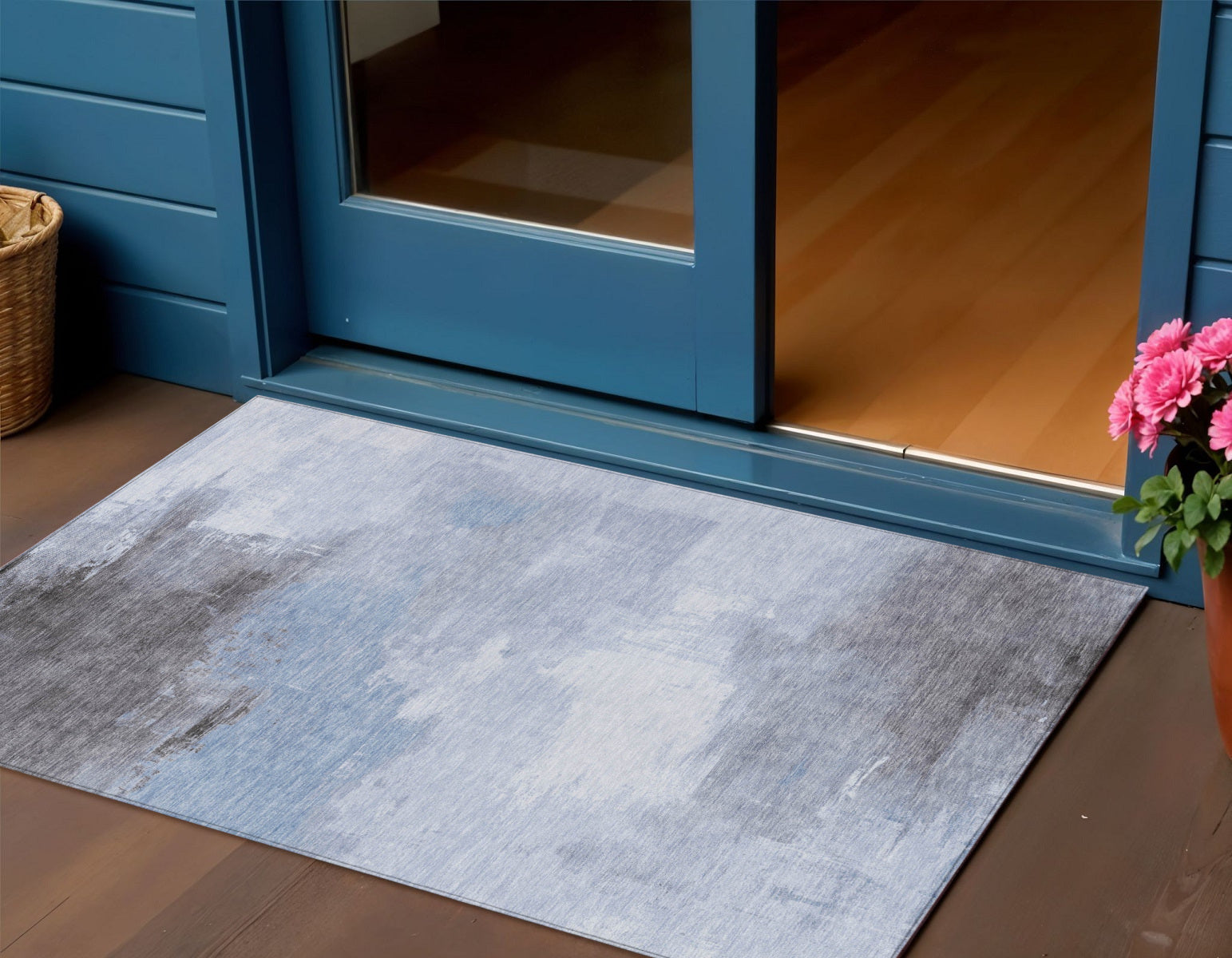 3 X 5 Sky Blue Gray And Ivory Abstract Washable Indoor Outdoor Area Rug