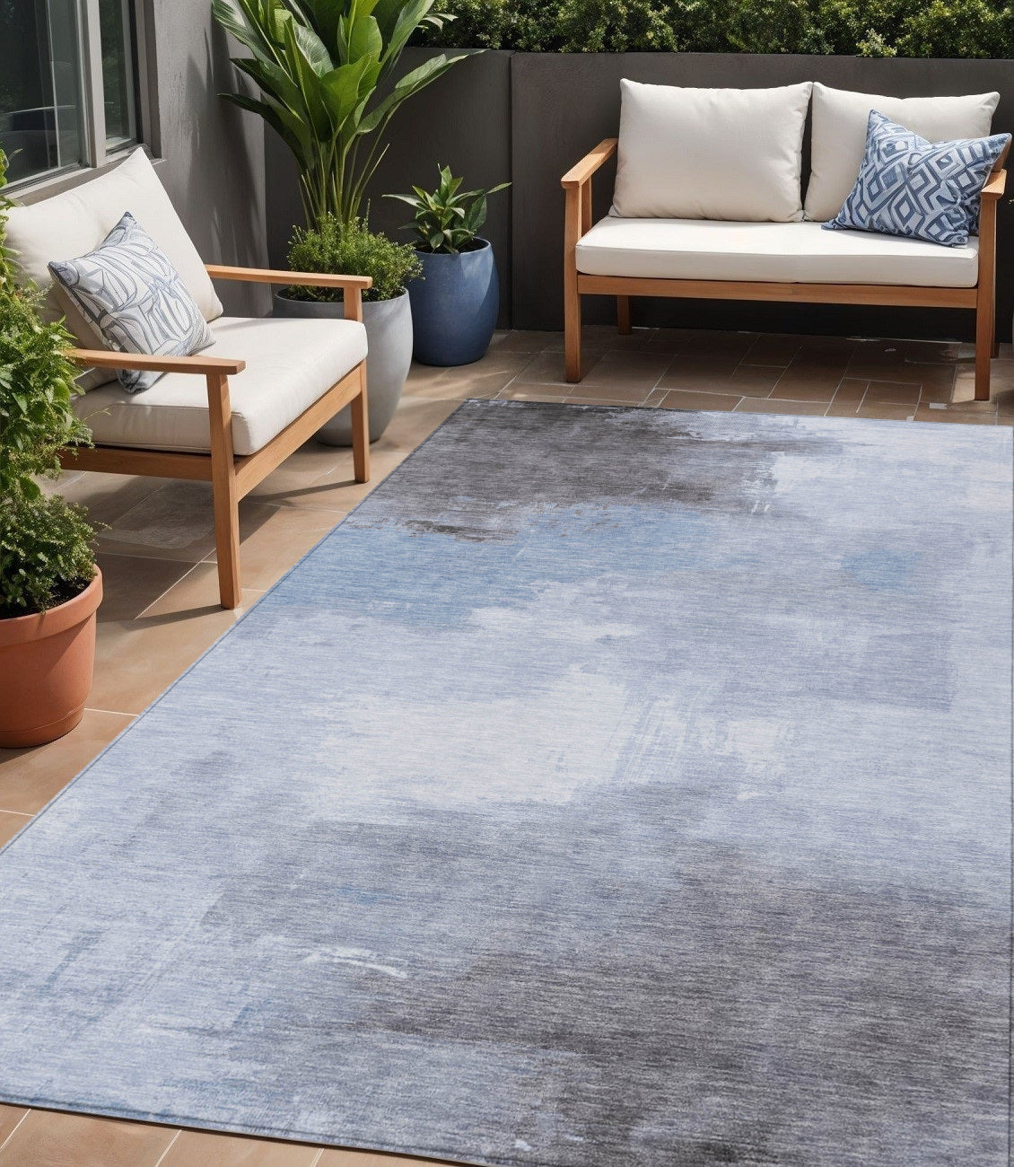 5 X 8 Sky Blue Gray And Ivory Abstract Washable Indoor Outdoor Area Rug