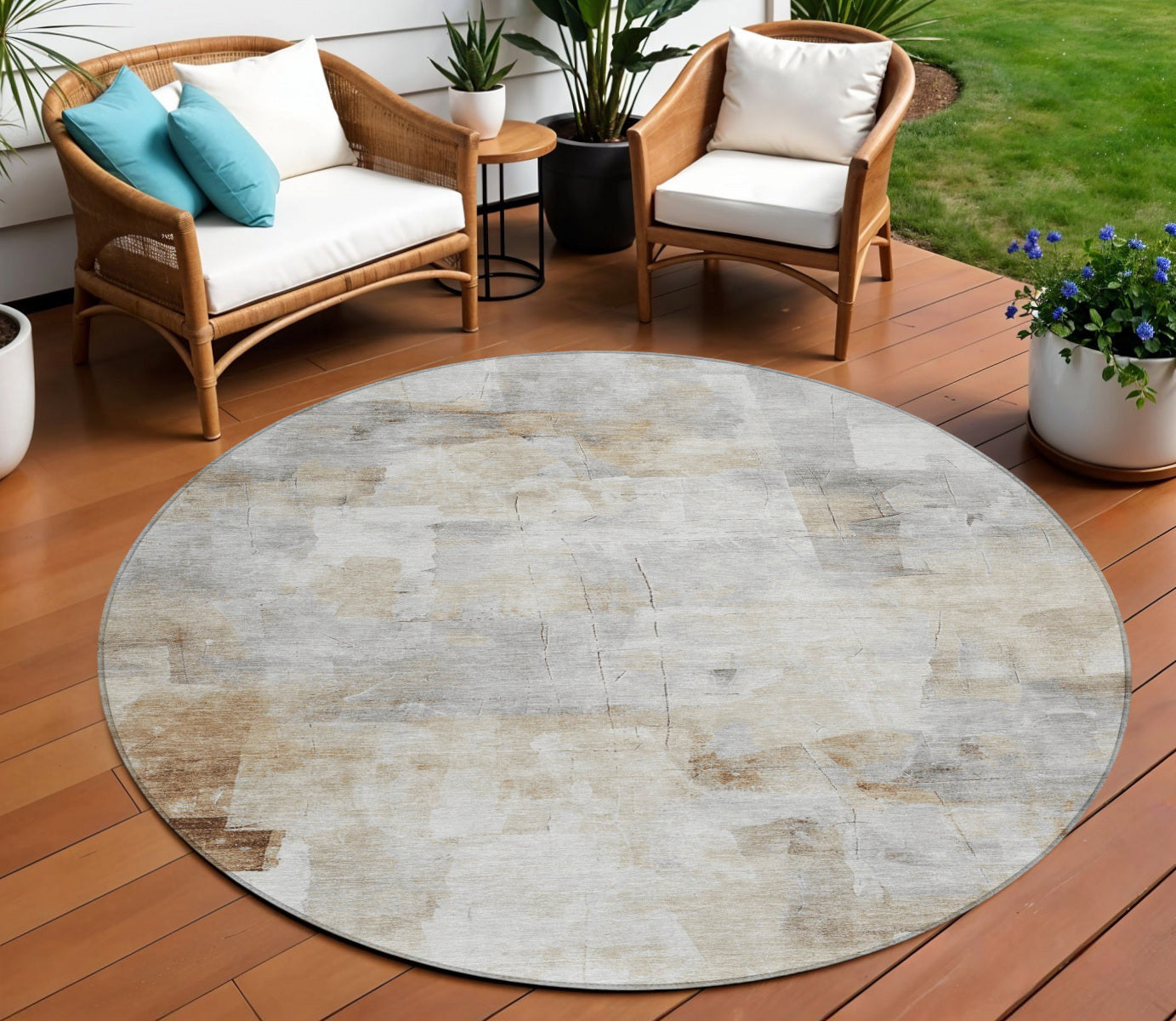 8 Linen Gray And Ivory Round Abstract Washable Indoor Outdoor Area Rug