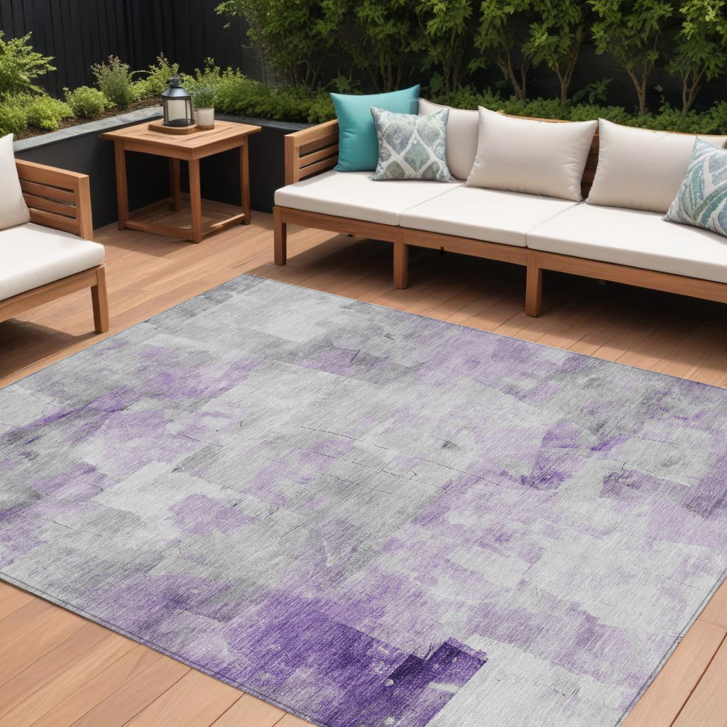 10 X 14 Lavender Gray And Ivory Abstract Washable Indoor Outdoor Area Rug