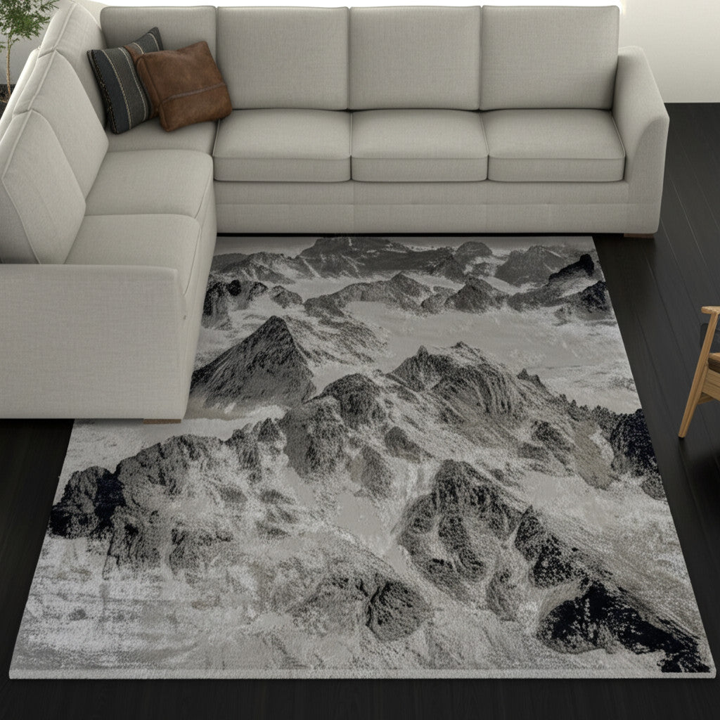 7' X 10' Black And Silver Abstract Area Rug