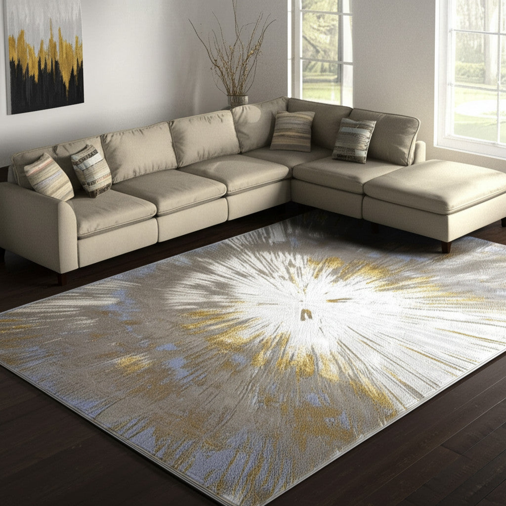 7' X 10' Gold And Silver Abstract Area Rug