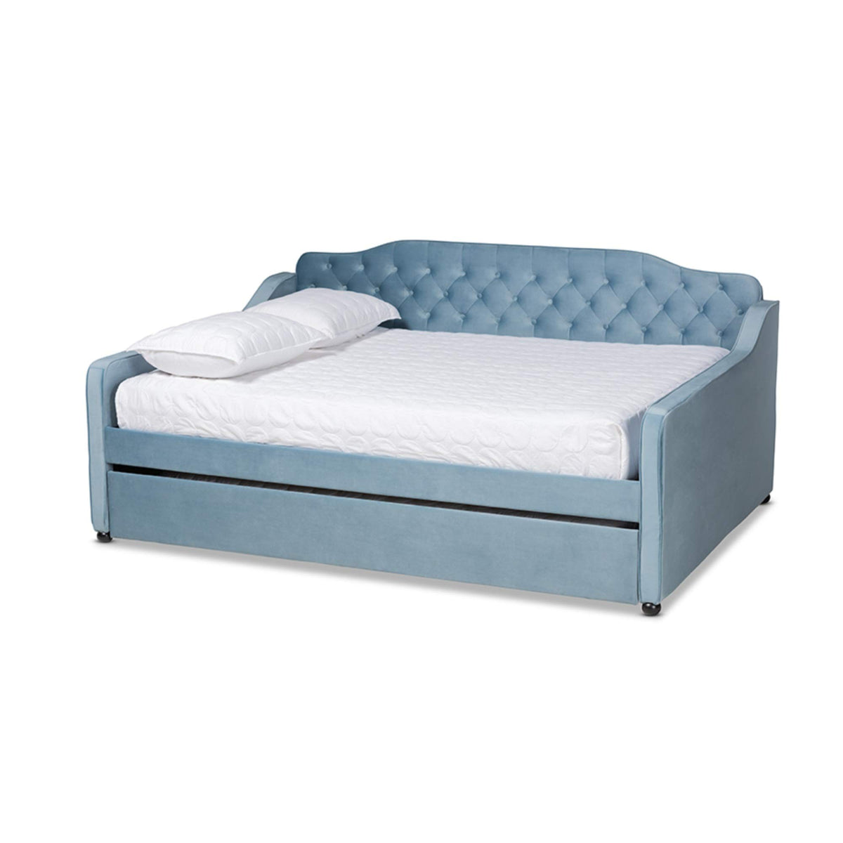 Baxton Studio Freda Transitional and Contemporary Light Blue Velvet Fabric Upholstered and Button Tufted Full Size Daybed with Trundle