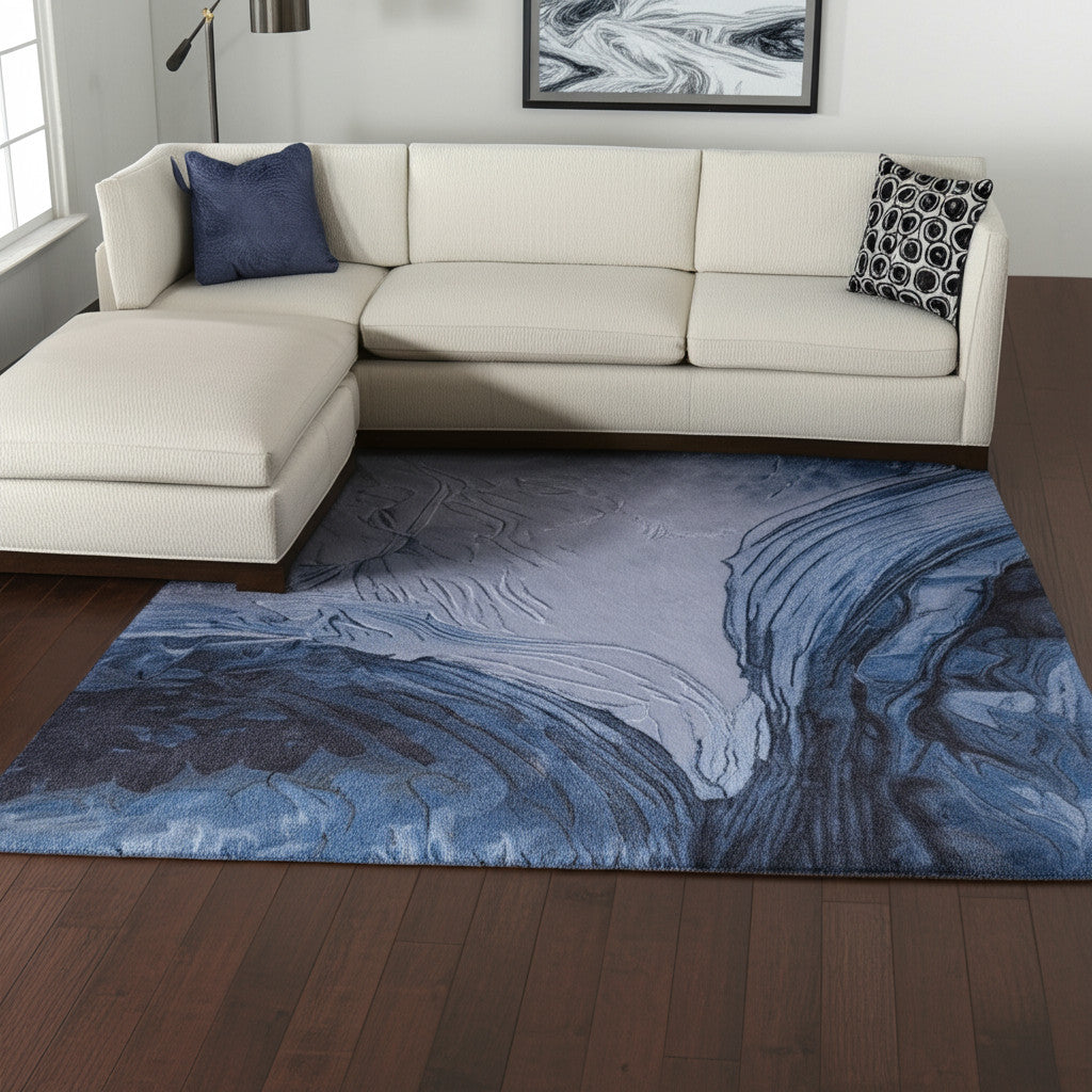 10' X 14' Blue Black And Gray Abstract Hand Tufted Area Rug