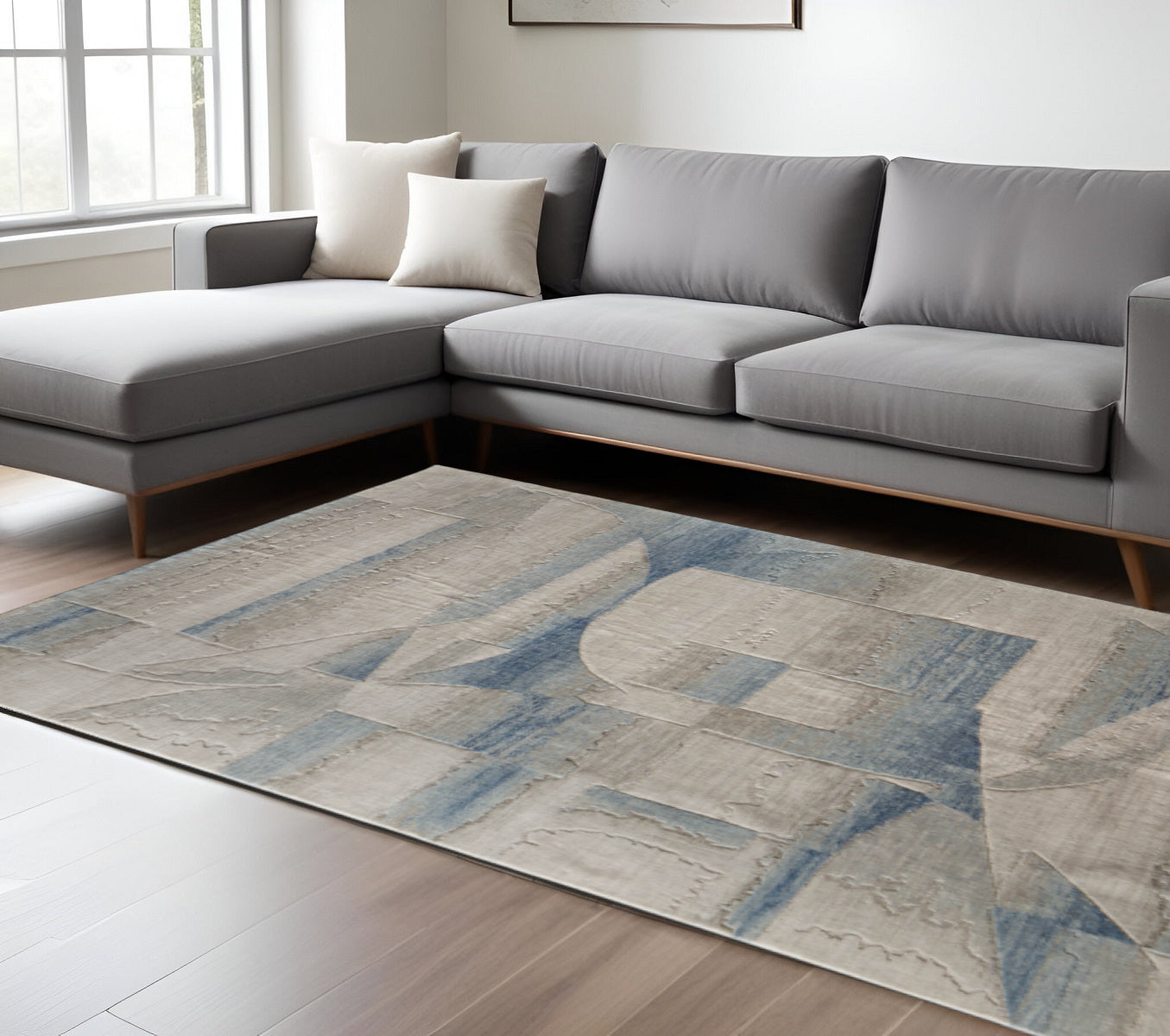 10' X 14' Blue Ivory And Gray Abstract Area Rug
