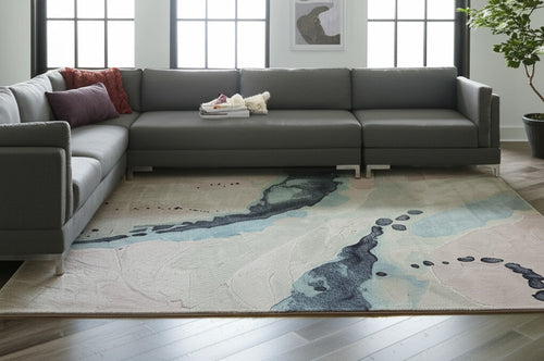 10' X 14' Green Blue And Ivory Abstract Hand Tufted Area Rug