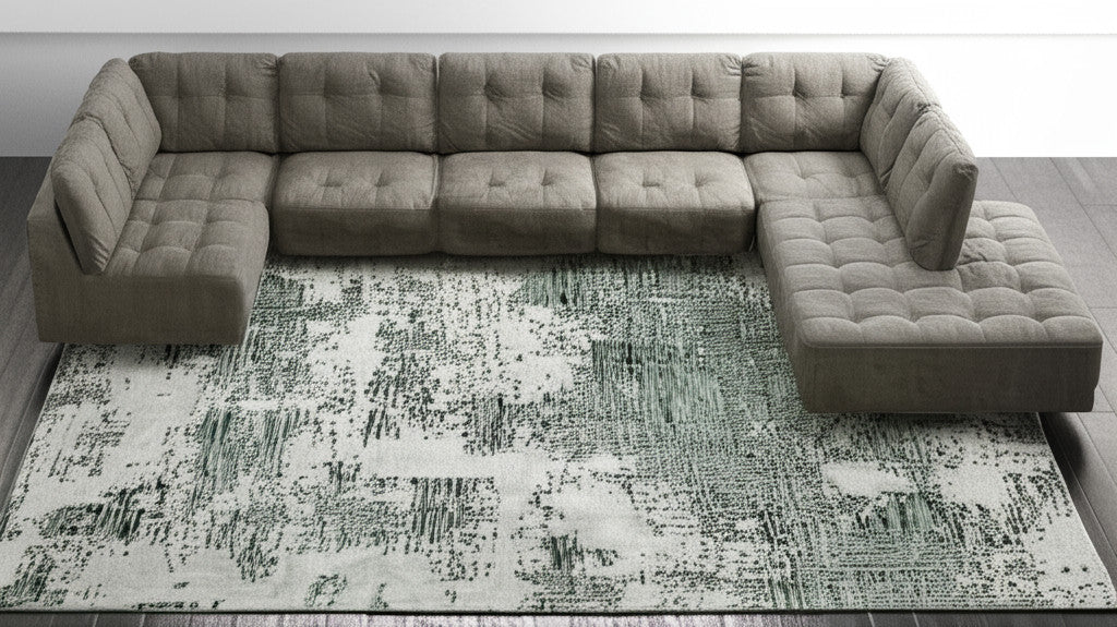 10' X 14' Green And White Abstract Hand Tufted Area Rug