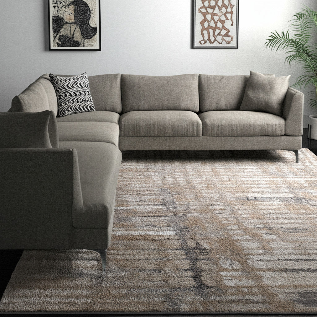 10' X 13' Brown Tan And Ivory Abstract Distressed Area Rug