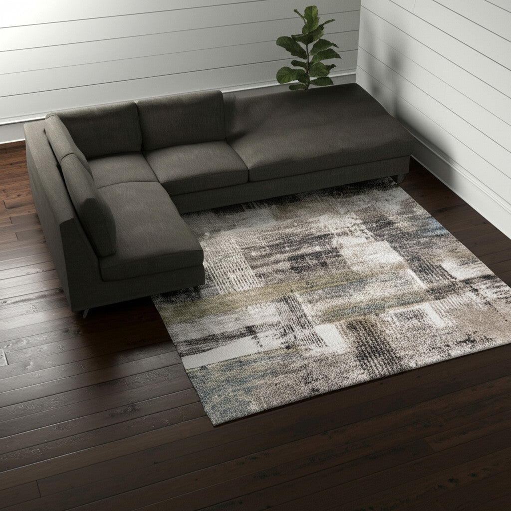 10' X 13' Gray Taupe And Ivory Abstract Distressed Area Rug