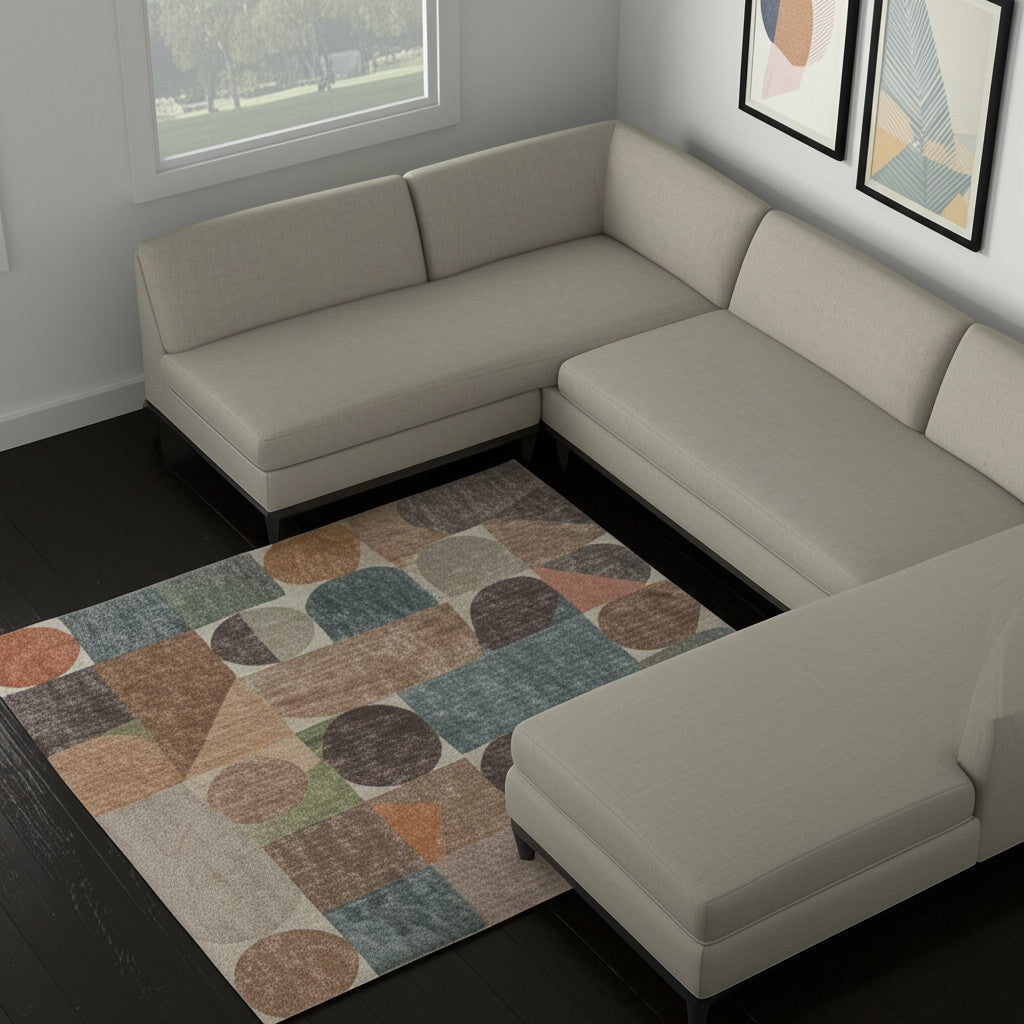 10' X 13' Ivory Brown And Blue Checkered Area Rug