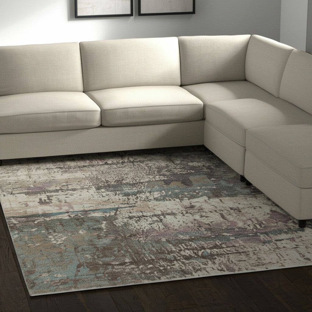 10' X 13' Ivory Blue And Purple Abstract Distressed Area Rug