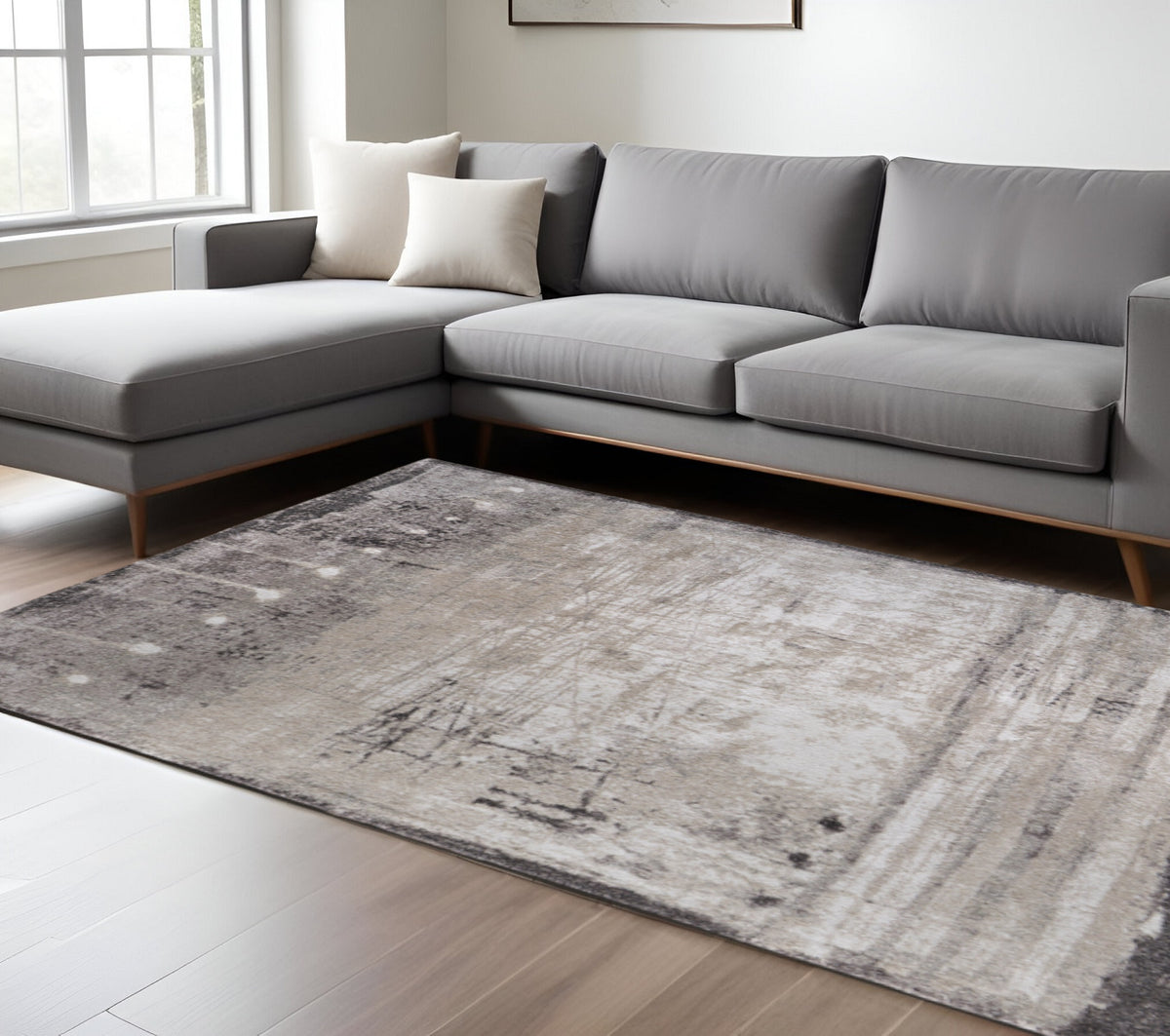 10' X 13' Gray Ivory And Taupe Abstract Distressed Area Rug