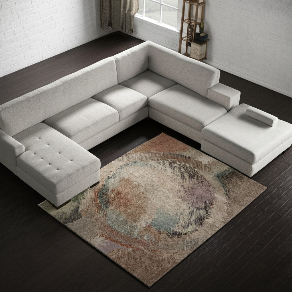 10' X 13' Brown Tan And Blue Abstract Distressed Area Rug