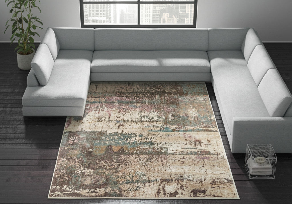 12' X 15' Ivory Blue And Purple Abstract Distressed Area Rug
