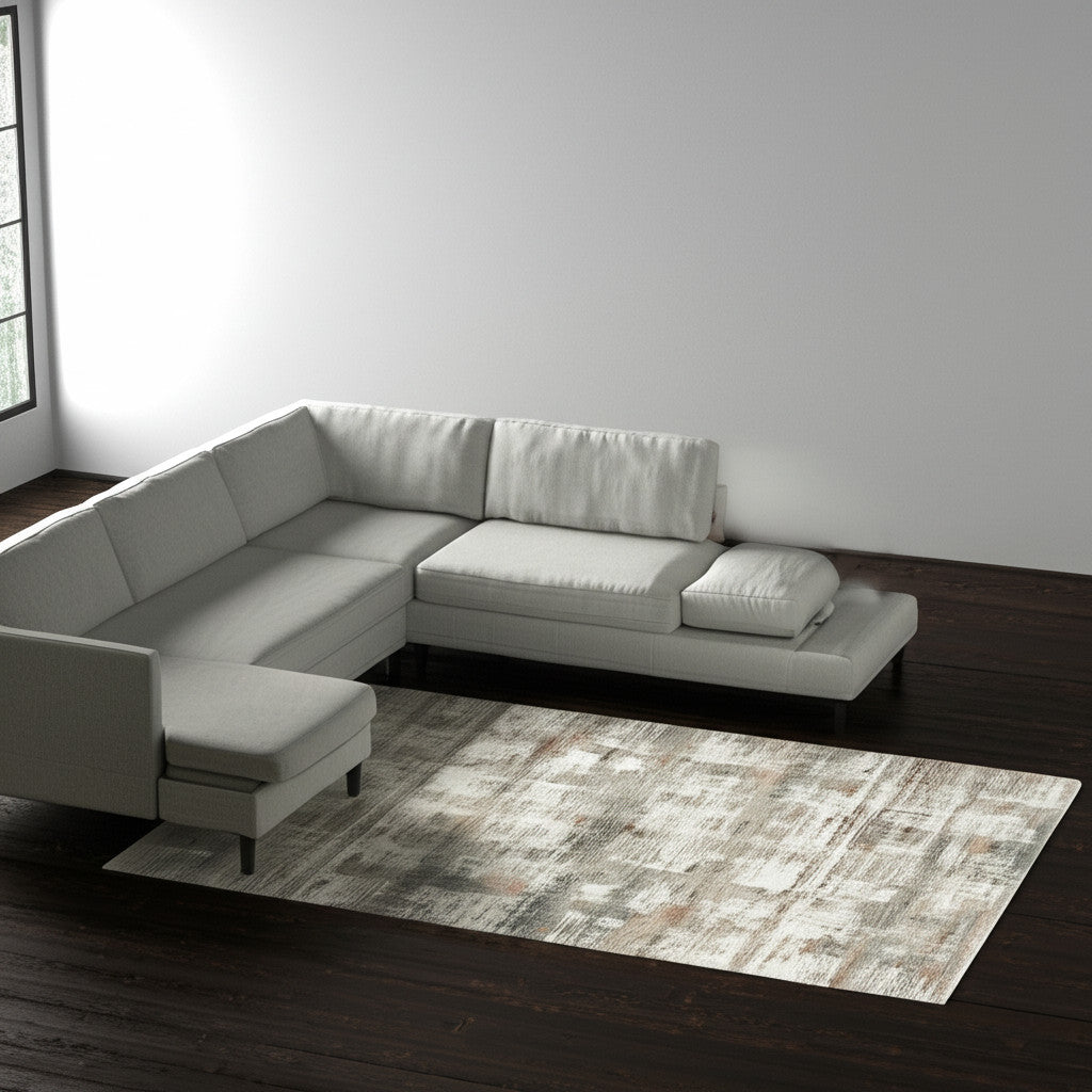 12' X 15' Ivory Gray And Green Abstract Distressed Area Rug