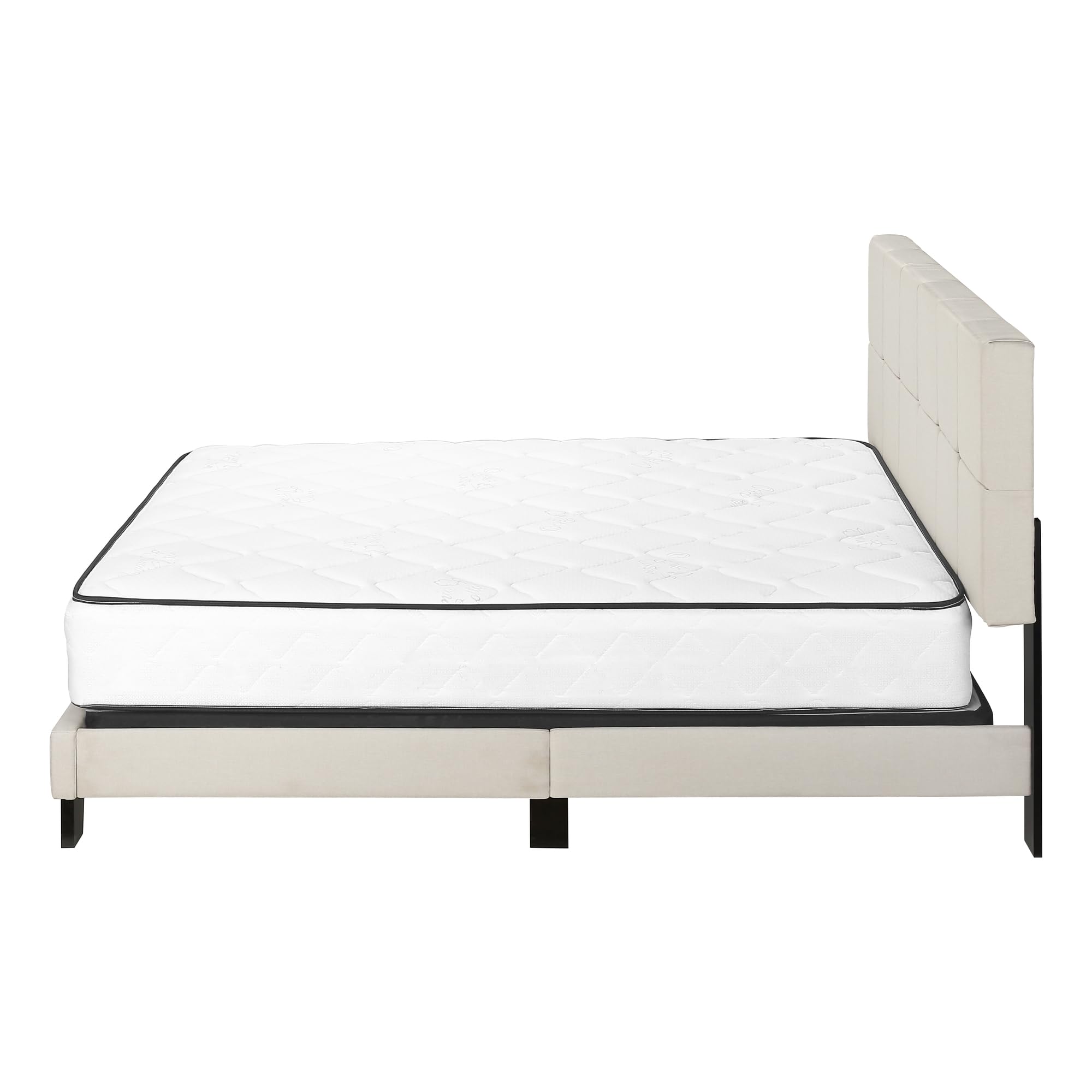 Monarch Specialties I 5605Q Bed, Queen Size, Platform, Bedroom, Frame, Upholstered, Linen Look, Wood Legs, Beige, Black, Transitional