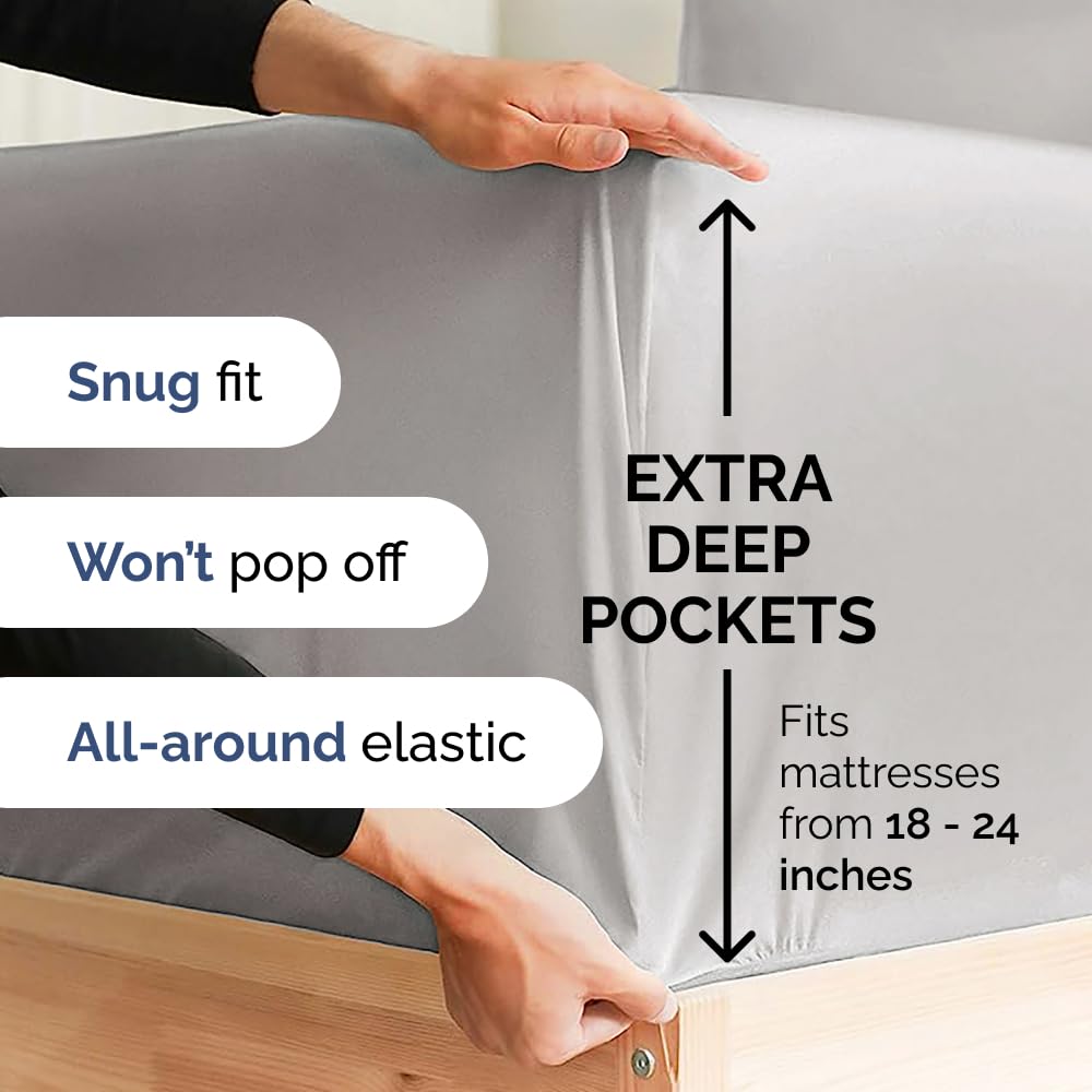 Extra Deep Queen 4 Piece Bedding Sheet Set - Breathable & Cooling - Hotel Luxury Bed Sheets Set - Easy Fit - Soft, Wrinkle Free & Comfy Light Grey Bedding Sheets - Extra Deep Pockets Bed Sheet Set