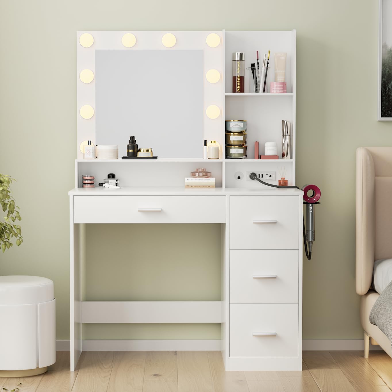 JUMMICO 39.3 Vanity Desk with LED Lighted Mirror &Power Outlet, Makeup Vanity Table with 4 Large Drawers and 3 Storage Shelves