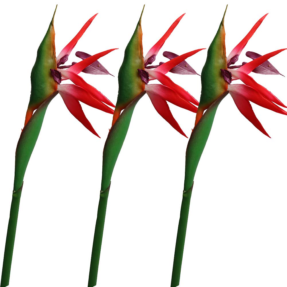 32 Inch Large Elegant Artificial Bird of Paradise Flower PU Plants for Home Office 3PCS (Red)