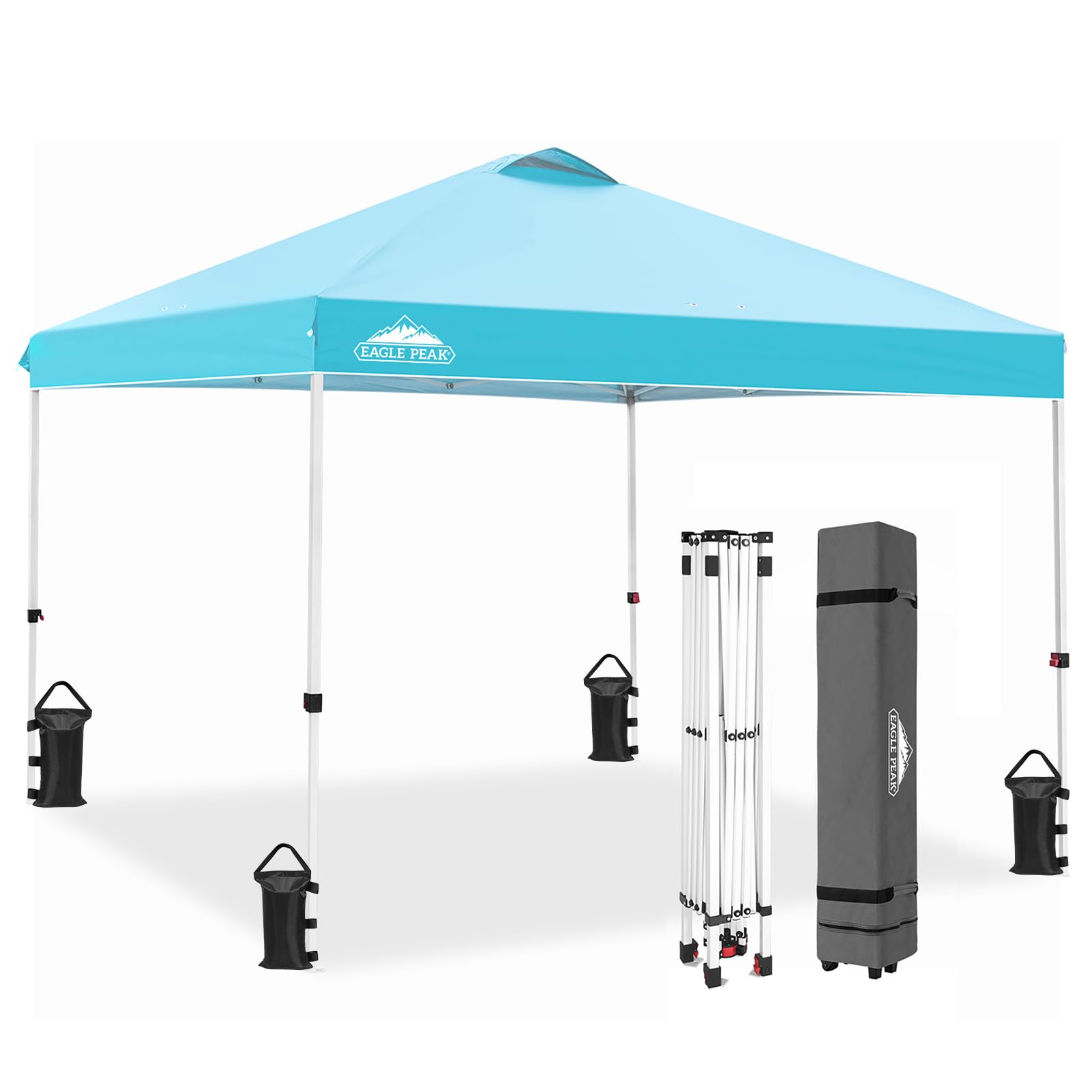 EAGLE PEAK Pop Up Canopy Tent with Wheeled Carry Bag, 8 Stakes, 4 Ropes, 4 Weight Bags, Easy Set Up Tent Canopy, 10x10 ft, 100sq