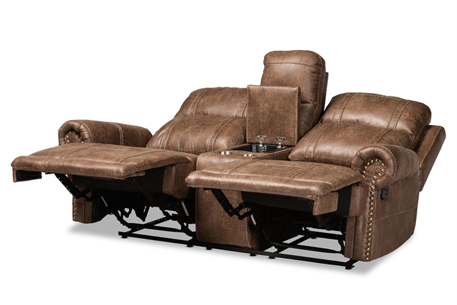 Baxton Studio Buckley Modern and Contemporary Light Brown Faux Leather Upholstered 2-Seater Reclining Loveseat with Console