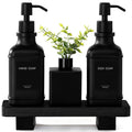 Modern Kitchen Soap Dispenser Set with Wood Tray, Black Glass Soap Dispenser with Pump, Decorative Hand and Dish Soap Dispenser 