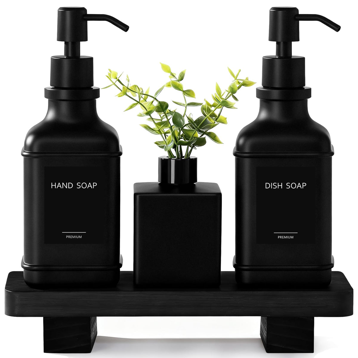 Modern Kitchen Soap Dispenser Set with Wood Tray, Black Glass Soap Dispenser with Pump, Decorative Hand and Dish Soap Dispenser 