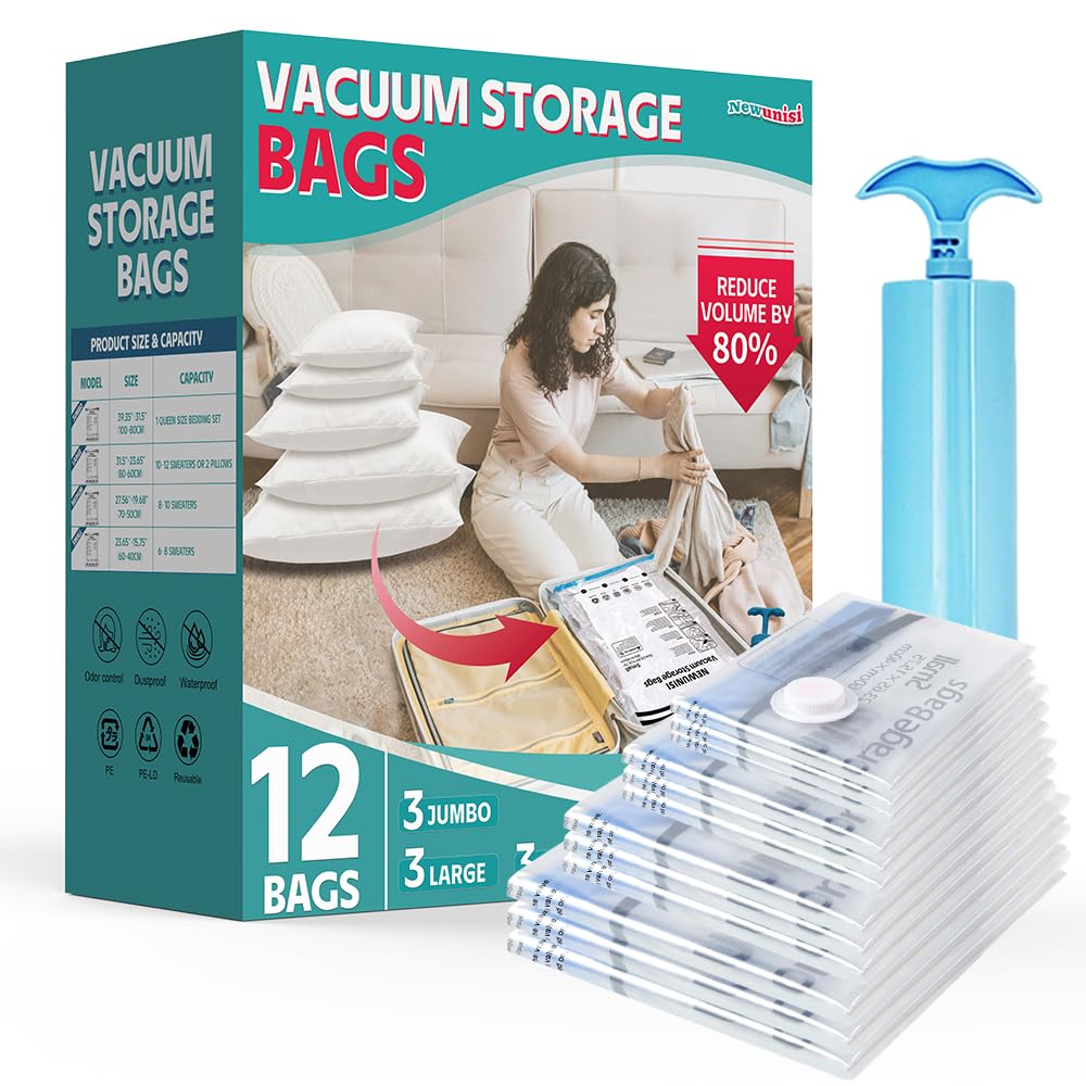 12 Pack Vacuum Storage Bags, Vacuum Seal Bags for Clothing, Comforters, Blankets, Space Saver Vacuum Storage Bags with Hand Pump