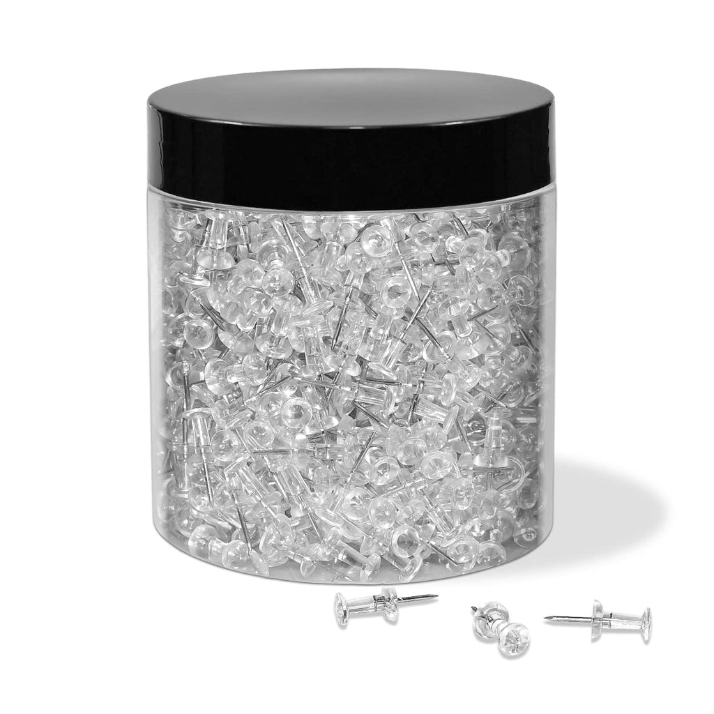 Jikiou Push Pins Tacks 800 Count In Reusable Box, Standard Clear Thumb Tacks Steel Point And Clear Plastic Head For Wall Corkboa