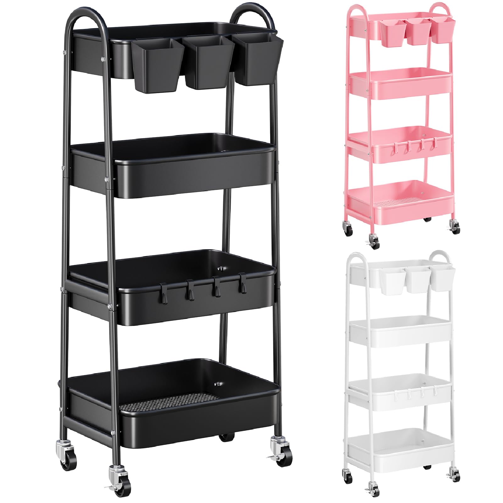 4 Tier Black Metal Rolling Cart with Lockable Wheels and Cups, Four Tiered Utility Storage Organizer on Wheels for Bathroom, Kit