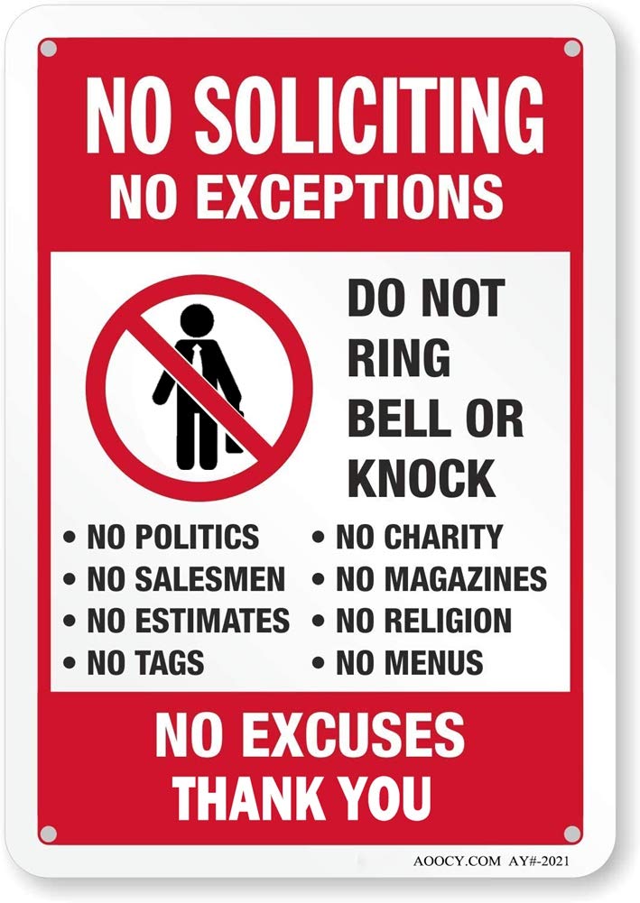 No Soliciting Sign For House Door Office Business Yard - 2 Pack - No Excuses, No Exceptions Do Not Ring Bell No Knock Sign - 7'