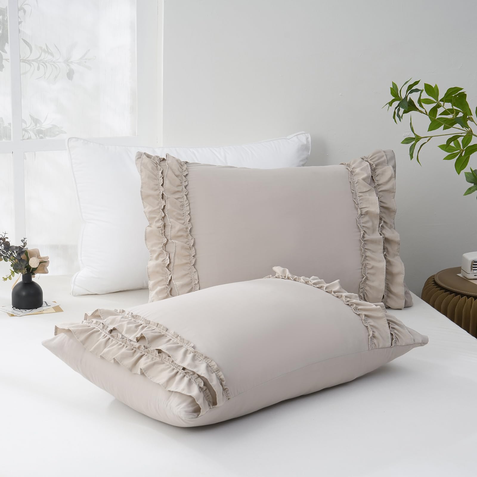 Herside Ruffle Pillow Cases,King Size Pillowcases Set Of 2,Chic Ruffle Pillow Cases,20X36 Inches Taupe Pillow Covers, Vintage Ru