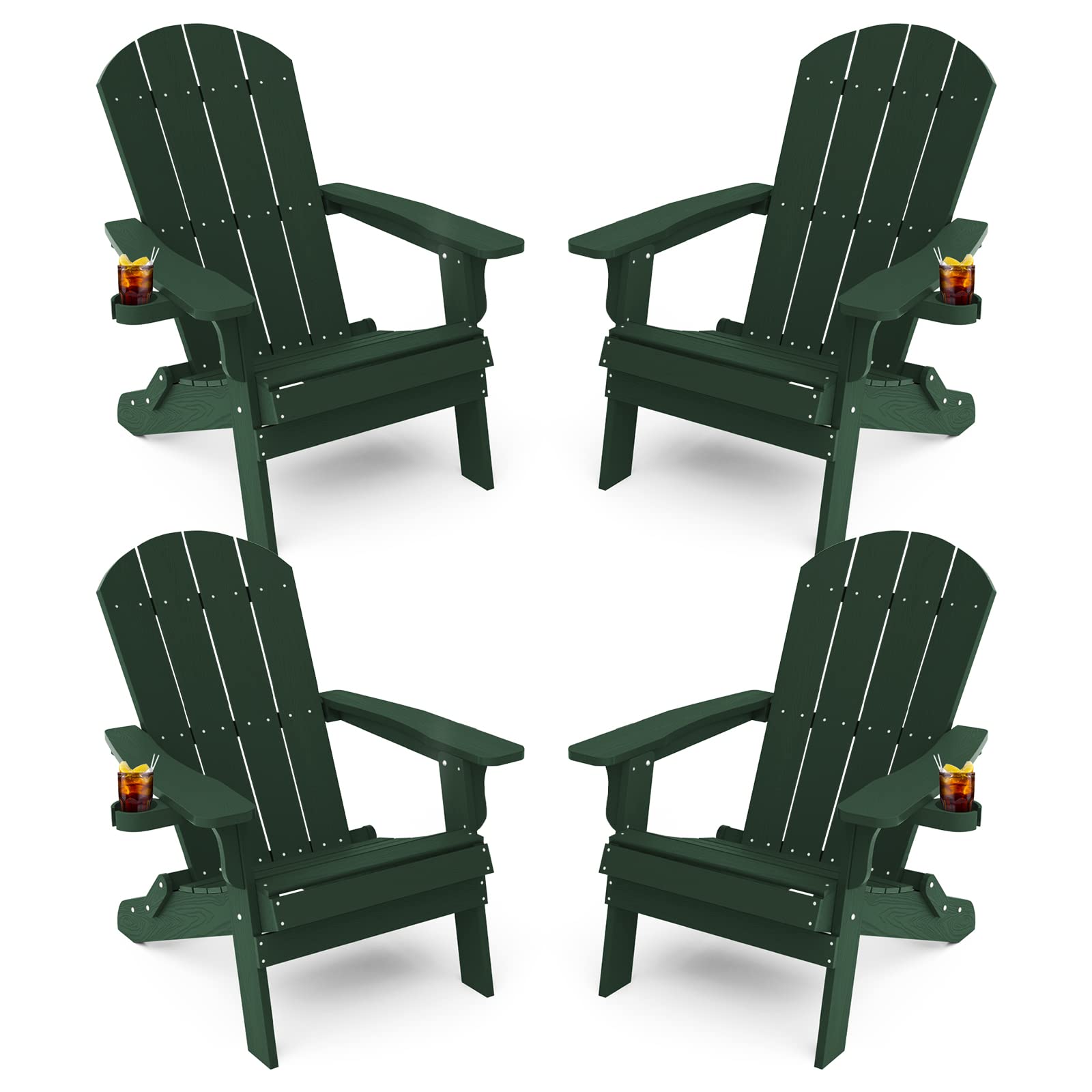 Yefu Adirondack Chair, Foldable Oversized Plastic Adirondack Chair Set Of 4 With Cup Holder, Patio Chair With Weather Resistant For Outside Deck Lawn, Weight Capacity Up To 400 Lbs –Green