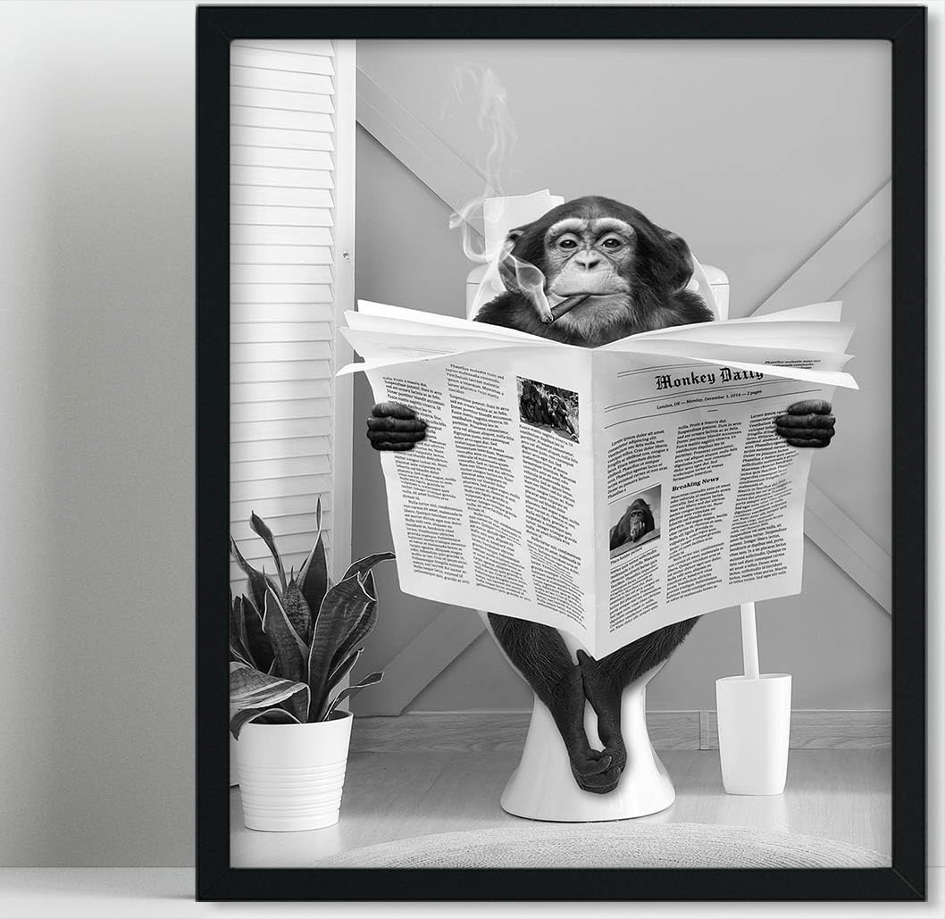 Biufo Monkey on Toilet Framed Canvas Wall Art Print Animal Poster Decor for Bedroom Bathroom (8x10)