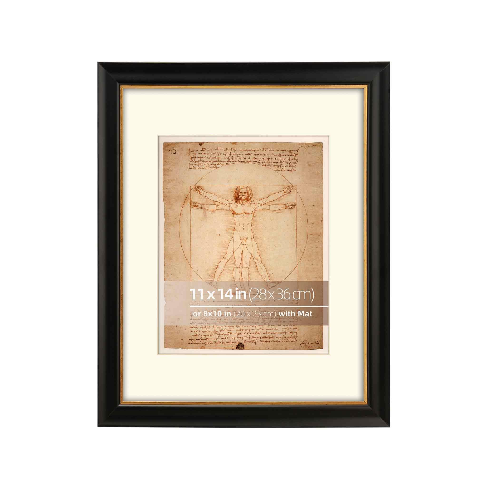 WYNCO 11x14 Wood Black Gold 2 Tone Vintage Antique Retro Picture Frame, Museum Grade Off White Mat 8x10, UV Filtering Glass Prot